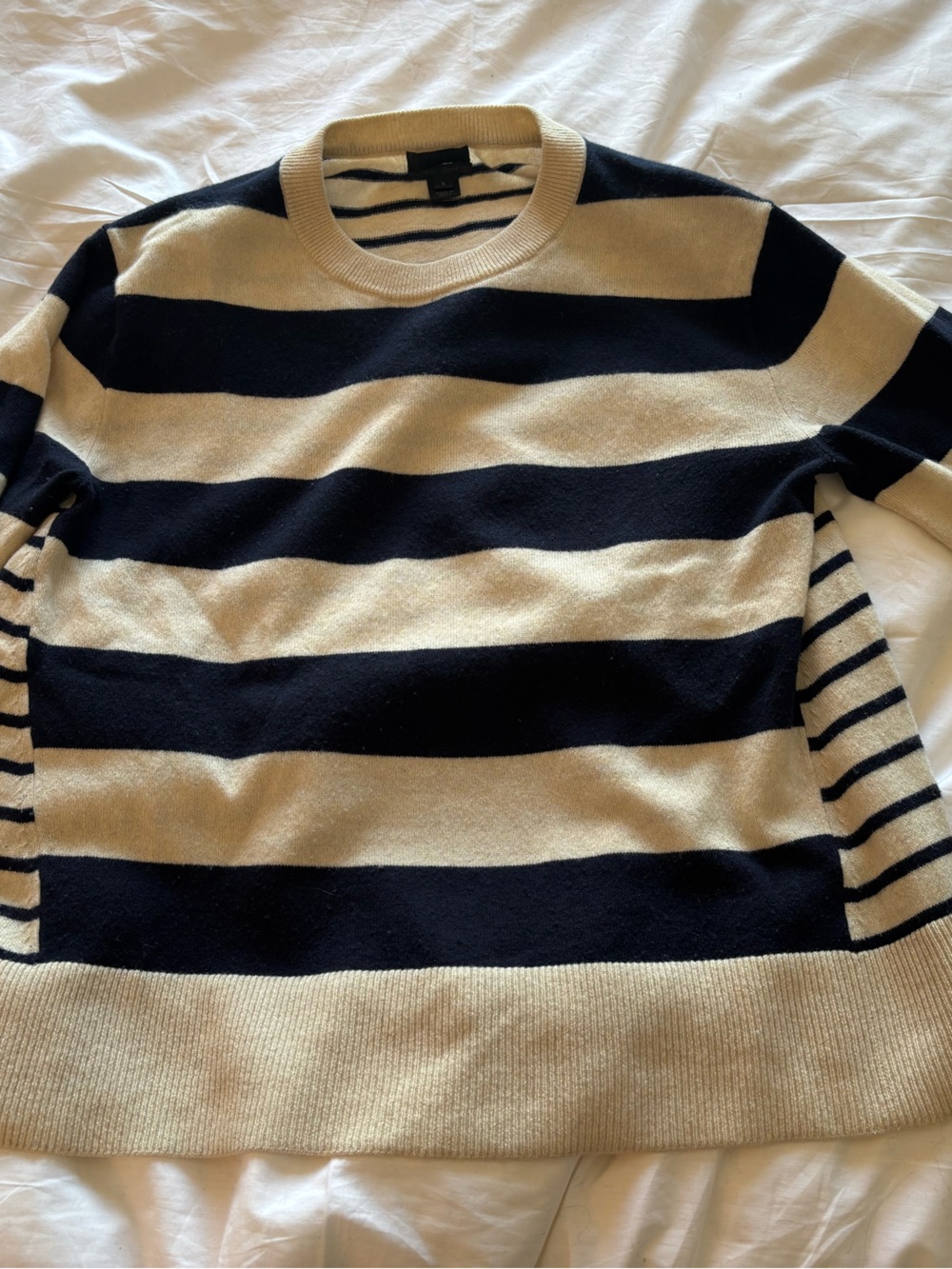 J. Crew Striped Crewneck Cashmere Sweater in Navy and Cream